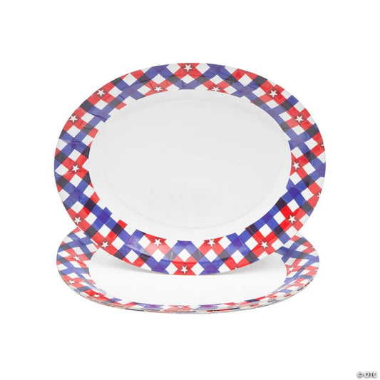 11 3/4" x 10" Patriotic Gingham Disposable Paper Banquet Plates - 8 Ct.