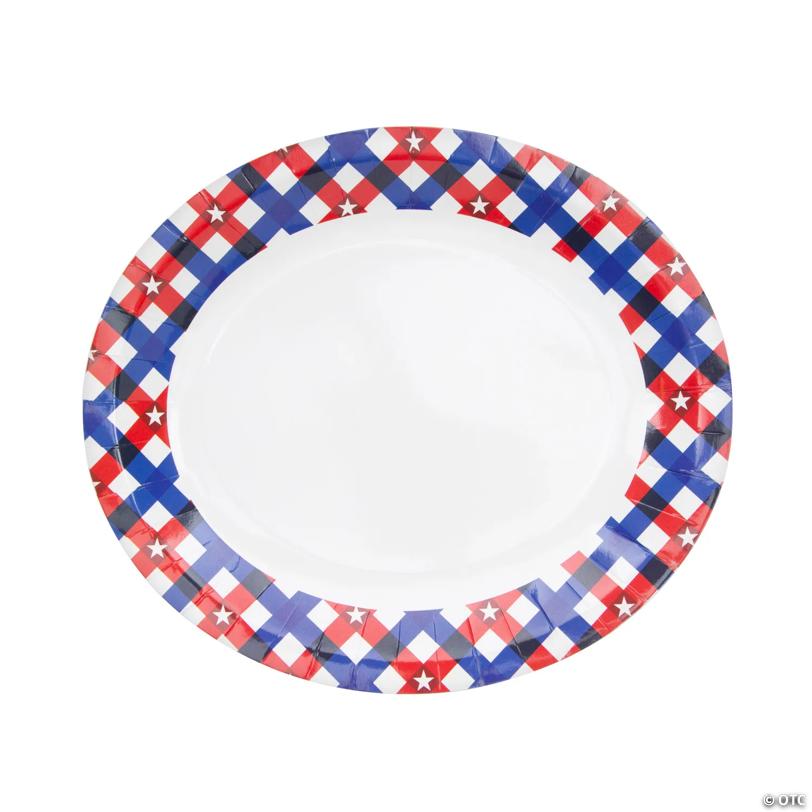 11 3/4" x 10" Patriotic Gingham Disposable Paper Banquet Plates - 8 Ct.