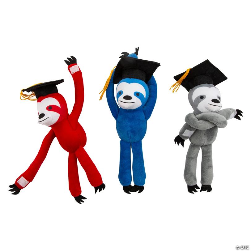 11" Long Arm Graduation Red, Blue & Grey Stuffed Sloths - 12 Pc. | USA Decoration®