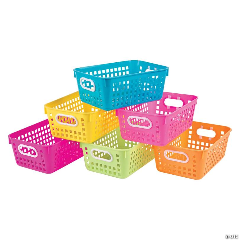 11" x 8" Tall Classroom Neon Plastic Storage Baskets with Handles - 6 Pc.
