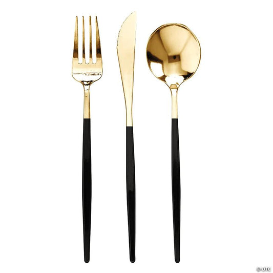 120 Pc. Gold with Black Handle Moderno Disposable Plastic Cutlery Set - Spoons, Forks and Knives (40 Guests) | USA Decoration®