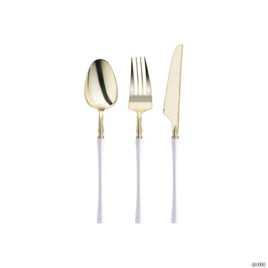120 Pc. Gold with White Handle Moderno Disposable Plastic Cutlery Set - Spoons, Forks and Knives (40 Guests) | USA Decoration®
