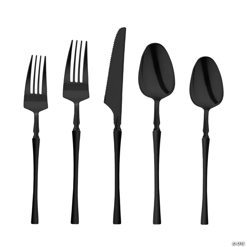 120 Pc. Solid Black Moderno Disposable Plastic Cutlery Set - Spoons, Forks, Knives, Dessert Spoons, and Dessert Forks (40 Guests) | USA Decoration®
