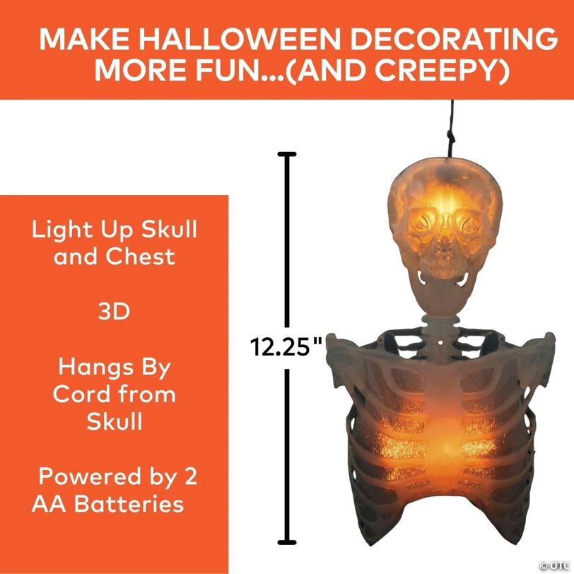 12 1/4" Light-Up Hanging Skeleton Torso with Fire Flashing Halloween Decoration