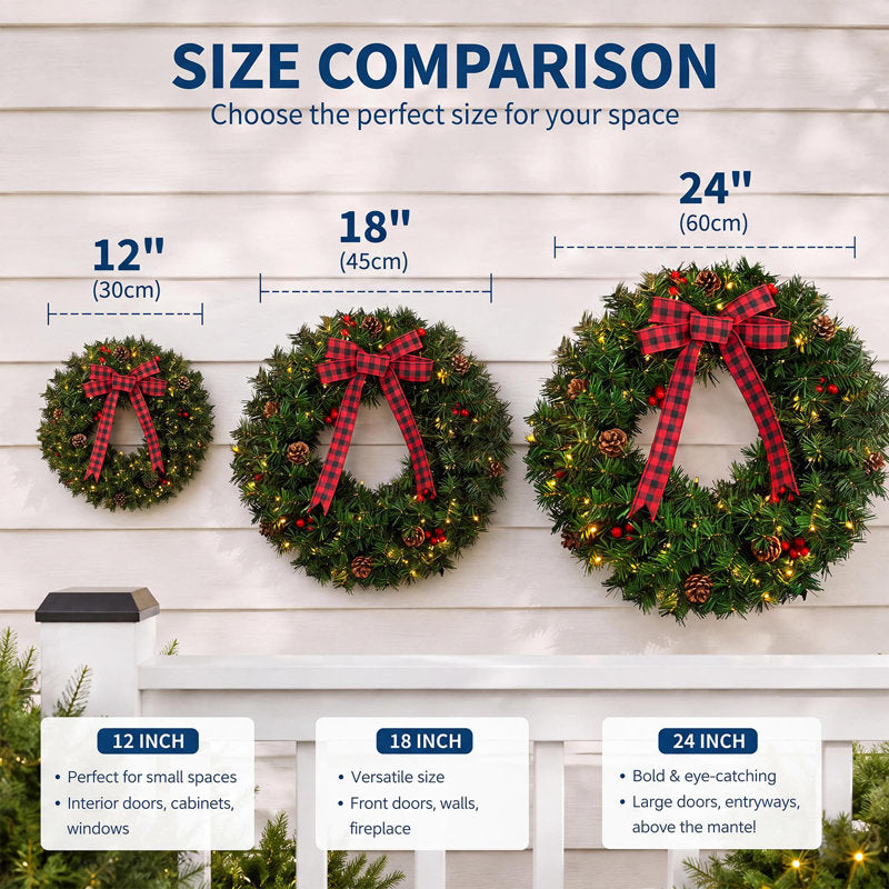 12" Battery-Powered Christmas Wreath with 20 Warm LEDs, Pinecones & Bow, Pre-Lit for Indoor Outdoor Door Wall Decor