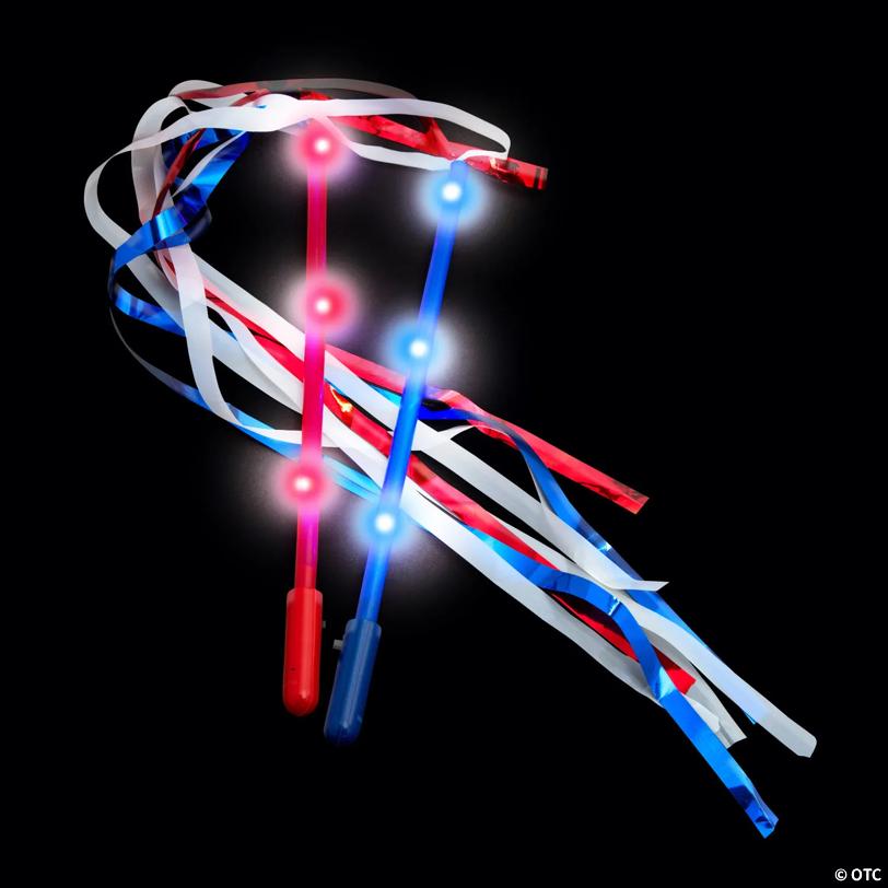 12" Patriotic Light-Up Wands With Ribbon Streamers - 12 Pc.