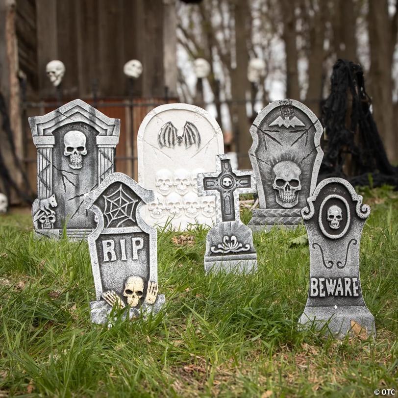 12" - 19" Bat & Skull Foam Tombstone Halloween Decorations Set – 6 Pc.