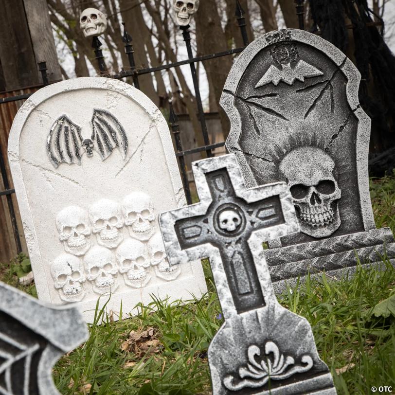 12" - 19" Bat & Skull Foam Tombstone Halloween Decorations Set – 6 Pc.