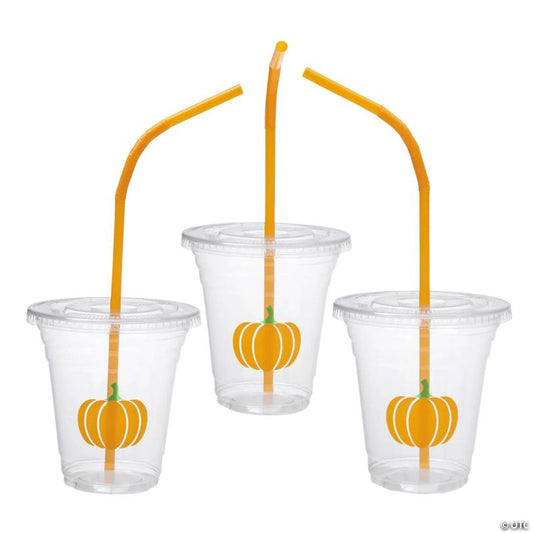 12 oz. Bulk 50 Ct. Clear Pumpkin Disposable Plastic Cups with Lids & Straws