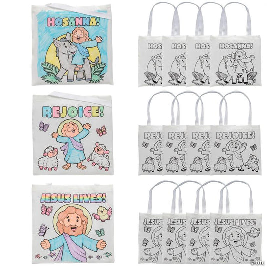 12" x 12" Medium Color Your Own Religious He Lives Canvas Tote Bags – 12 Pc.