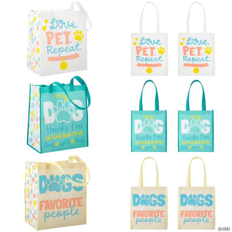 12" x 14" Large Dog Paw Print Laminated Nonwoven Shopper Tote Bags – 6 Pc.