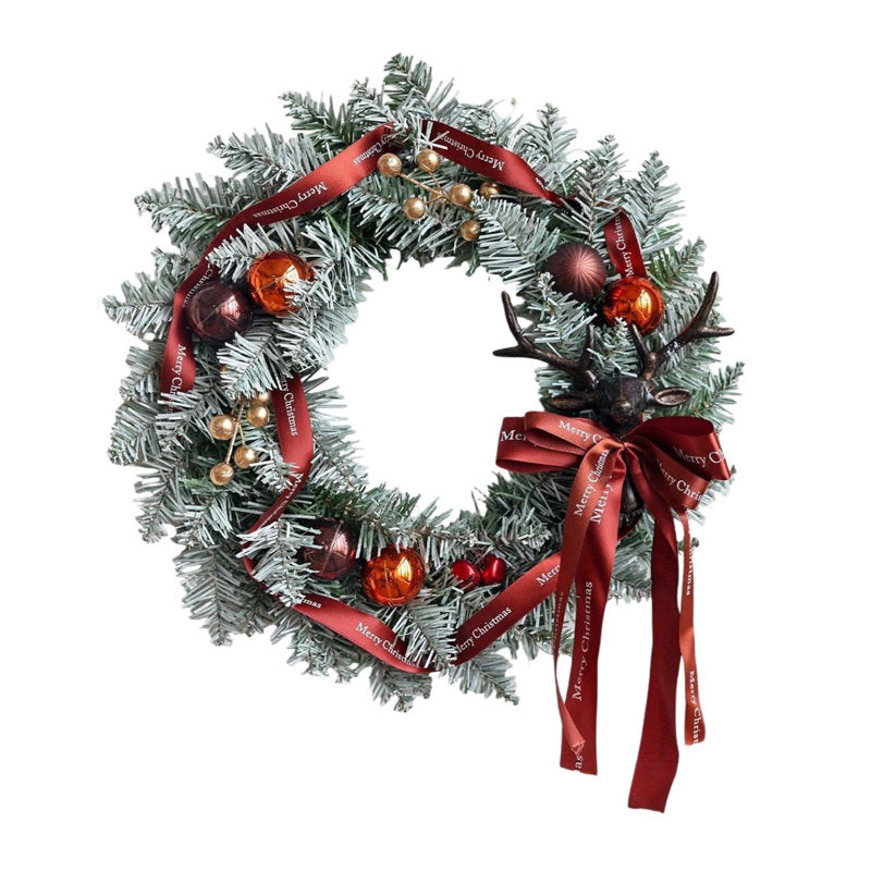 13.7" frosted Christmas wreath with a bow and ornaments