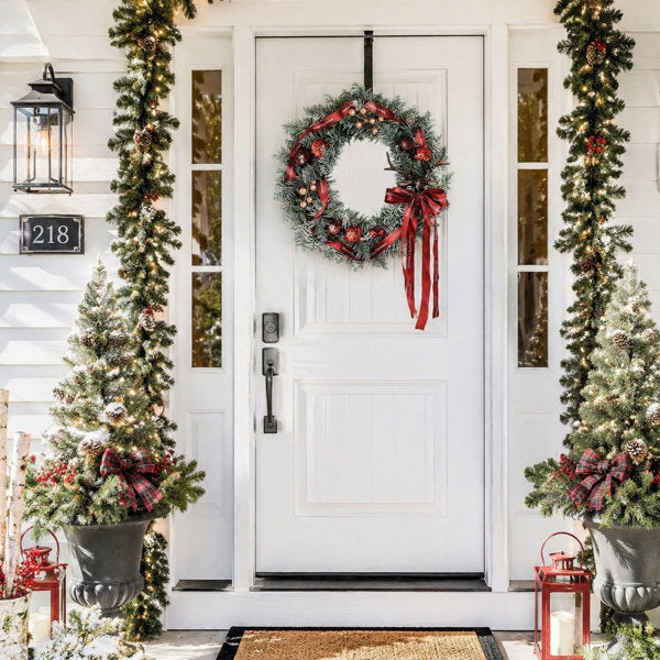 13.7 Inch Frosted Artificial Christmas Wreath with Deer Head Ornament, Red Satin Bows and Christmas Baubles for Front Door Holiday Decor