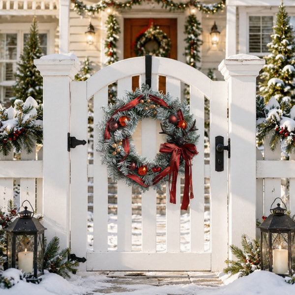 13.7 Inch Frosted Artificial Christmas Wreath with Deer Head Ornament, Red Satin Bows and Christmas Baubles for Front Door Holiday Decor