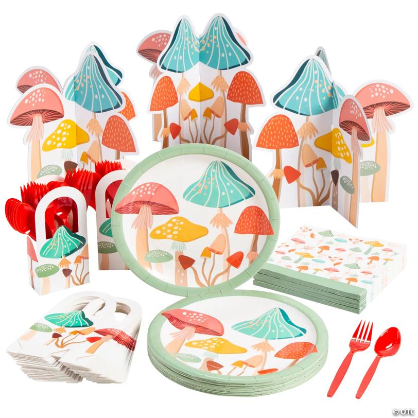 132 Pc. Mushroom Party Disposable Tableware Kit for 24 Guests | USA Decoration®