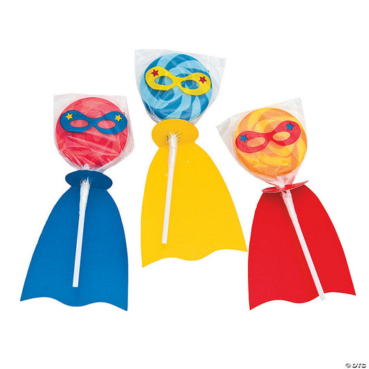 2" x 3" Superhero Swirl Round Lollipops with Capes Masks - 12 Pc. | USA Decoration®