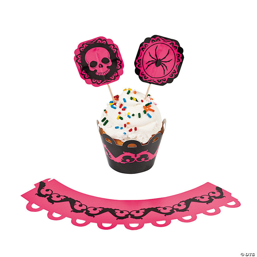 Bulk 100 Pc. Pink & Black Halloween Cupcake Wrappers with Picks | USA Decoration®