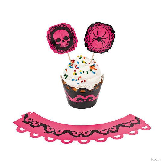 Bulk 100 Pc. Pink & Black Halloween Cupcake Wrappers with Picks | USA Decoration®