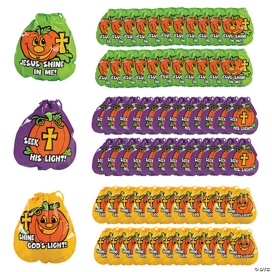7" x 8 1/2" Bulk 72 Pc. Plastic Christian Pumpkin Drawstring Goody Bags halloween