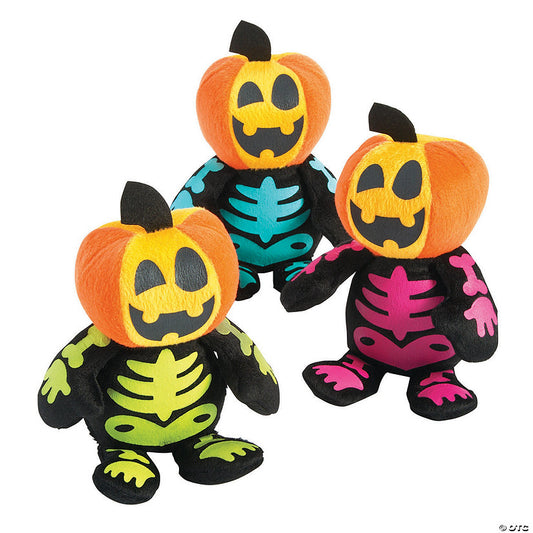 Per Dozen: 7" Halloween Spookadelic Stuffed Skeletons with Jack-O'-Lantern Head - 12 Pc. | USA Decoration®