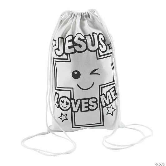 9 1/2" x 15" Color Your Own Jesus Loves Me Drawstring Bags - 12 Pc. | USA Decoration®