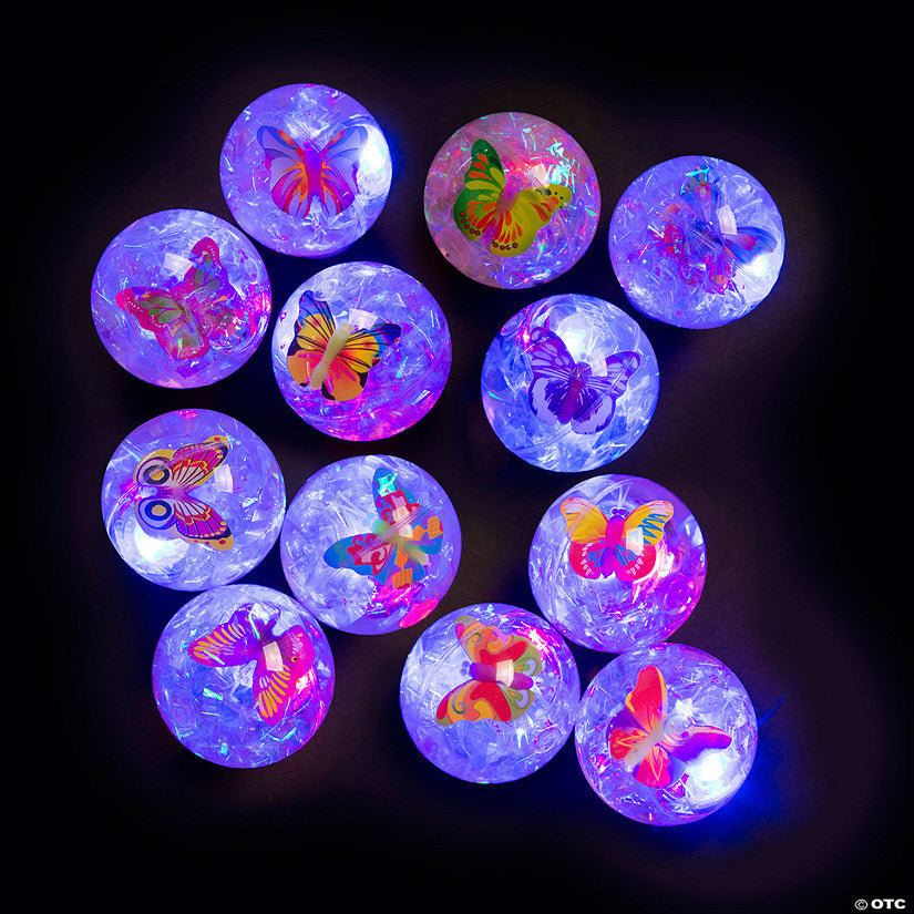 2" Mini Light-Up Glitter Butterfly Rubber Bouncy Balls - 12 Pc. | USA Decoration®