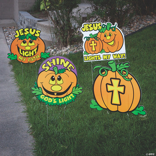 1 Set(s): 17" - 21" Christian Pumpkin Multicolor Plastic Yard Signs - 4 Pc. | USA Decoration®