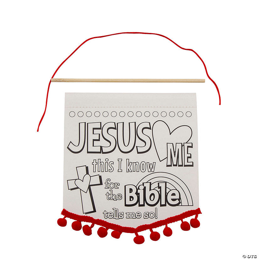 Color Your Own Jesus Loves Me Banners with Pom-Pom Trim - 12 Pc. | USA Decoration®