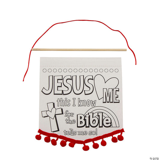 Color Your Own Jesus Loves Me Banners with Pom-Pom Trim - 12 Pc. | USA Decoration®