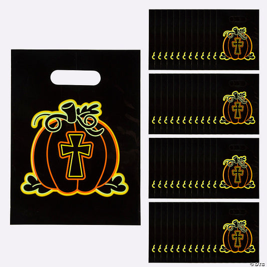 7" x 9 1/2" Bulk 50 Pc. Neon Christian Pumpkin Plastic Goody Bags halloween