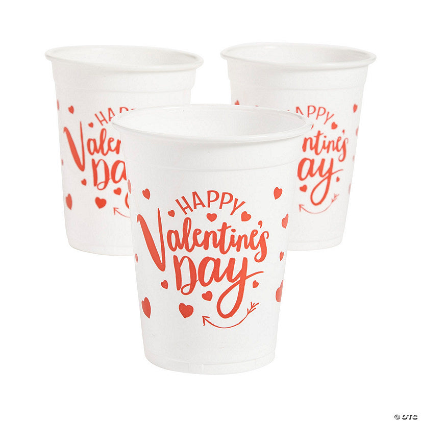 16 oz. Bulk 50 Ct. Happy Valentine’s Day Hearts & Arrows Disposable Plastic Cups