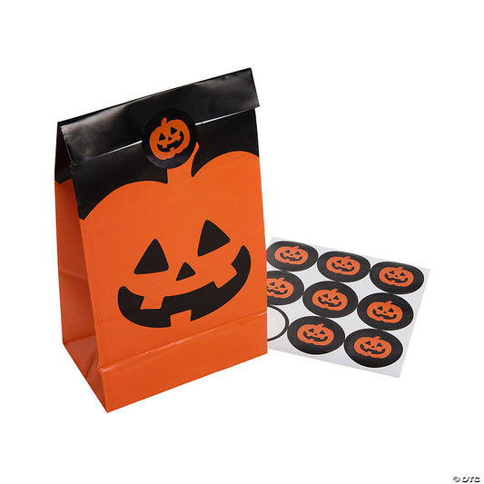 10" Bulk 48 Pc. Jack-O'-Lantern Paper Treat Bags with Stickers halloween