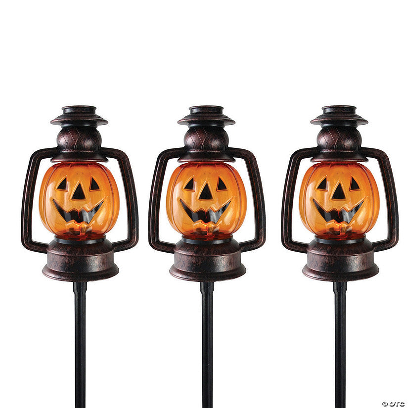 Set of 3 Orange Flickering Halloween Jack O’ Lantern Pathway Markers Outdoor Decor | USA Decoration®