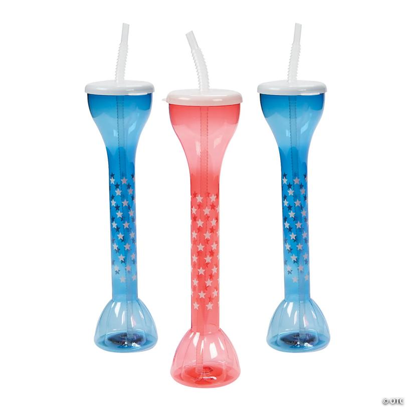 13" 20 oz. Patriotic Star Reusable Plastic Yard Glasses with Lids & Straws – 6 Ct.