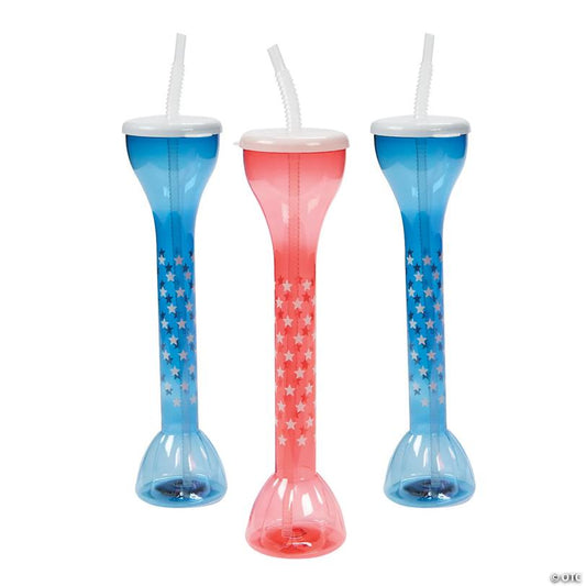 13" 20 oz. Patriotic Star Reusable Plastic Yard Glasses with Lids & Straws – 6 Ct.
