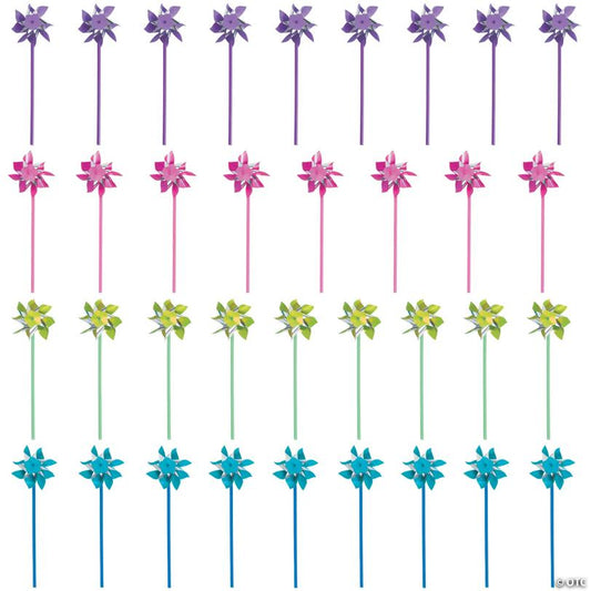 13" Bright Blue, Green, Pink & Purple Plastic Pinwheels - 36 Pc.