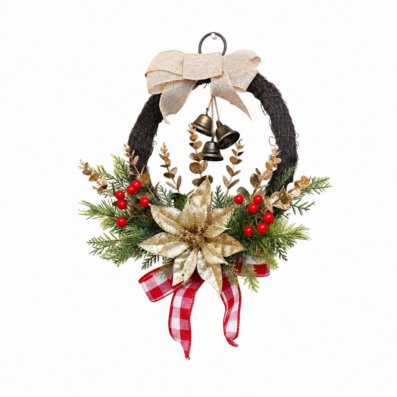 14" gold poinsettia Christmas wreath with red berries and poinsettias