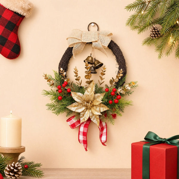 14.96 Inch Artificial Christmas Wreath, Winter Front Door Wreath with Golden Poinsettia, Bells, Red Berries, Plaid Bow and Burlap Bow for Wall Window Holiday Decor