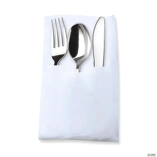 140 Pc. Silver Plastic Cutlery in White Pocket Napkin Set - Napkins, Forks, Knives, and Spoons (35 Guests) | USA Decoration®
