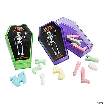 Personalized Coffin Containers with Interlocking Skeleton Bone Candies – 12 Pc. | USA Decoration®