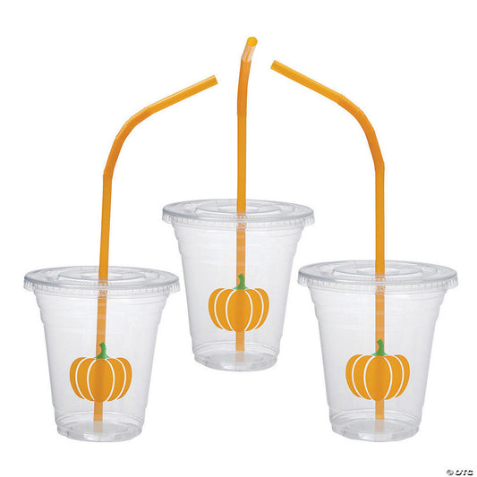 12 oz. Bulk 50 Ct. Clear Pumpkin Disposable Plastic Cups with Lids & Straws | USA Decoration®