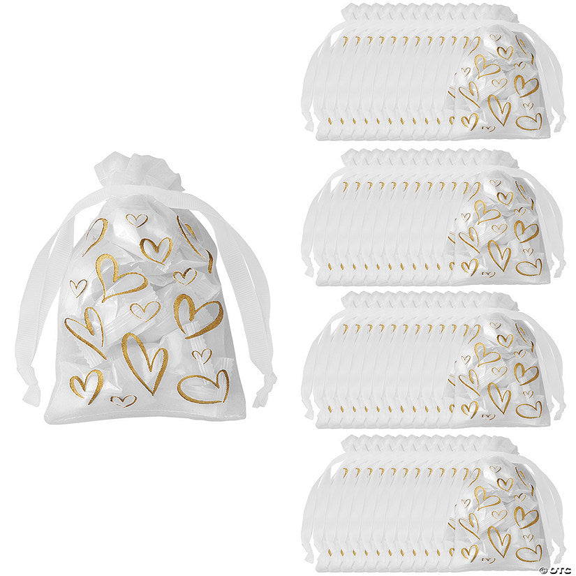 Bulk 144 Pc. Large Gold Metallic Heart Organza Drawstring Bags