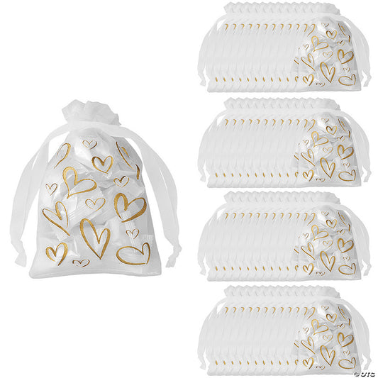 Bulk 144 Pc. Large Gold Metallic Heart Organza Drawstring Bags