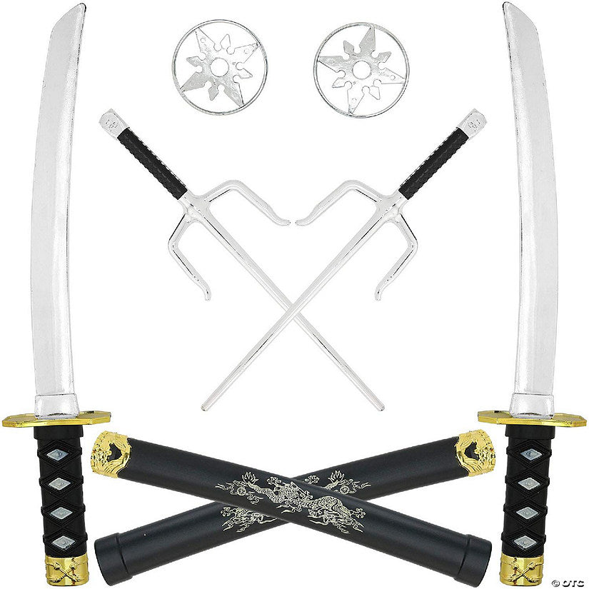 Skeleteen Ninja Weapons Toy Set - Fighting Warrior Weapon Costume Set with Katana Swords, Sai Daggers, and Shuriken Stars - 6 Pieces