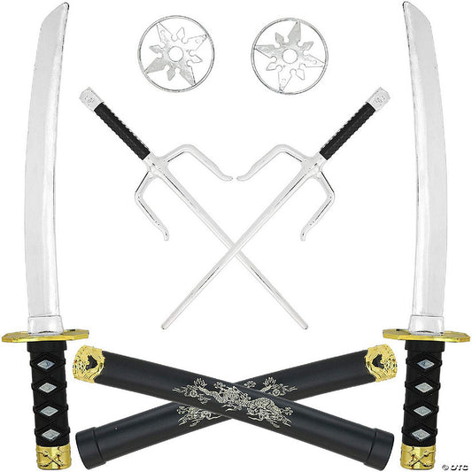 Skeleteen Ninja Weapons Toy Set - Fighting Warrior Weapon Costume Set with Katana Swords, Sai Daggers, and Shuriken Stars - 6 Pieces