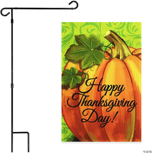 1 Set(s): G128 - Combo Pack: Garden Flag Stand Black 36x16IN and Garden Flag Happy Thanksgiving Pumpkin 12x18IN | USA Decoration®