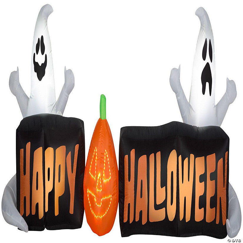 Gemmy Lightshow Airblown Micro Lights Sign Happy Halloween with Ghosts and JOL Scene (White) 3 ft Tall | USA Decoration®