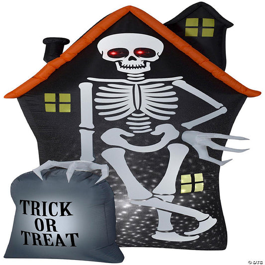 Gemmy Projection Airblown StarSpinner Skeleton and Haunted House Tombstone Scene (White) 8 ft Tall | USA Decoration®