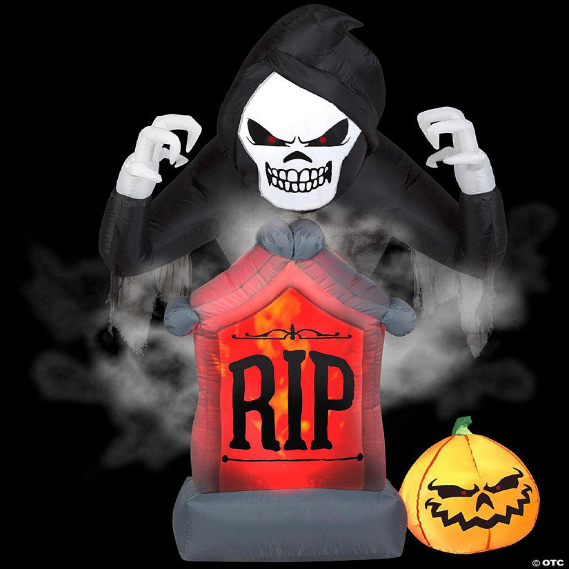 1 Piece(s): Gemmy Animated Projection Airblown Fog Effect Fire & Ice Shaking Reaper with Tombstone and Pumpkin 6 ft Tall | USA Decoration®