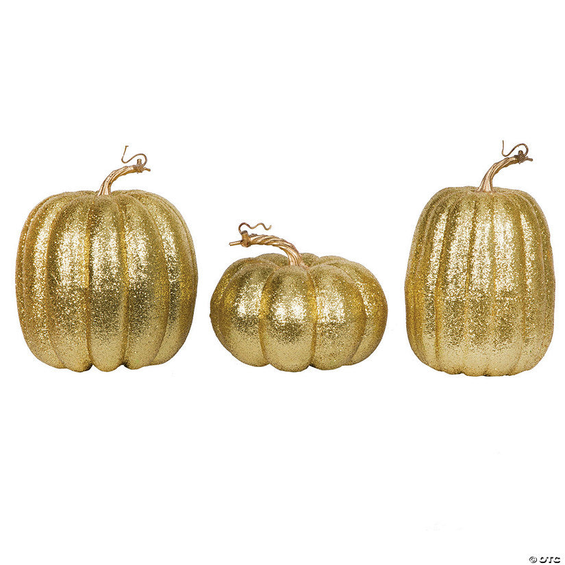 1 Piece(s): Vickerman 8" Gold Pumpkins Assorted Set of 3. | USA Decoration®
